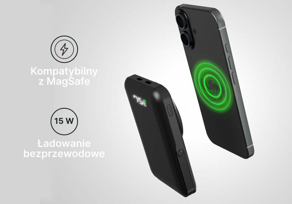 Powerbank QUALO QMPB5-LD-00 MagSafe 10000 mAh Czarny, Kompatybilny z MagSafe, Na obrazku powerbank oraz smartfon, obok 2 zalety kompatybilności