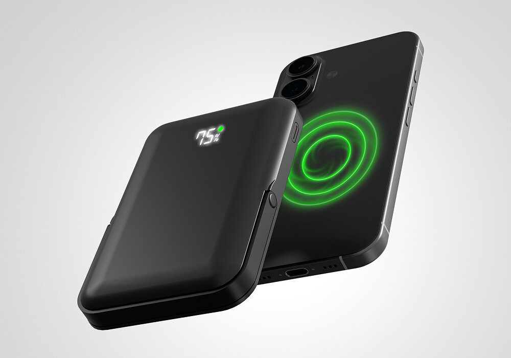 Powerbank QUALO QMPB5-LD-00 MagSafe 10000 mAh Czarny, Magnetyczny komfort ładowania, Na obrazku Powerbank z smartfonem od pokazane od tyłu