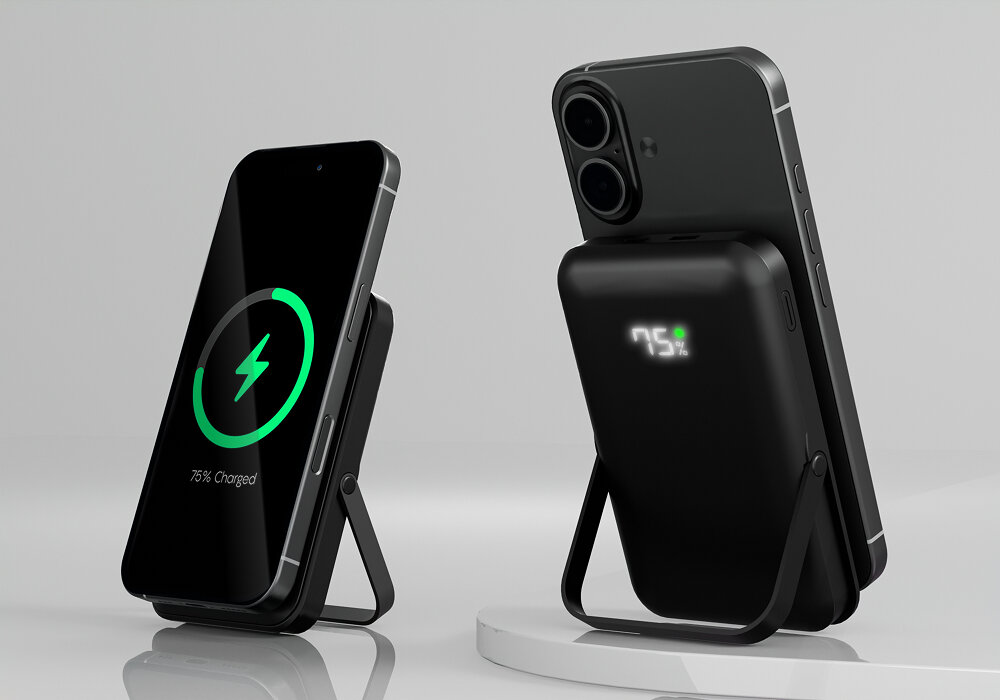 Powerbank QUALO QMPB5-LD-00 MagSafe 10000 mAh Czarny, Funkcja podstawki, Powerbank przedstawiony z rozłożoną podstawką ze smartfonem od przodu i tyłu