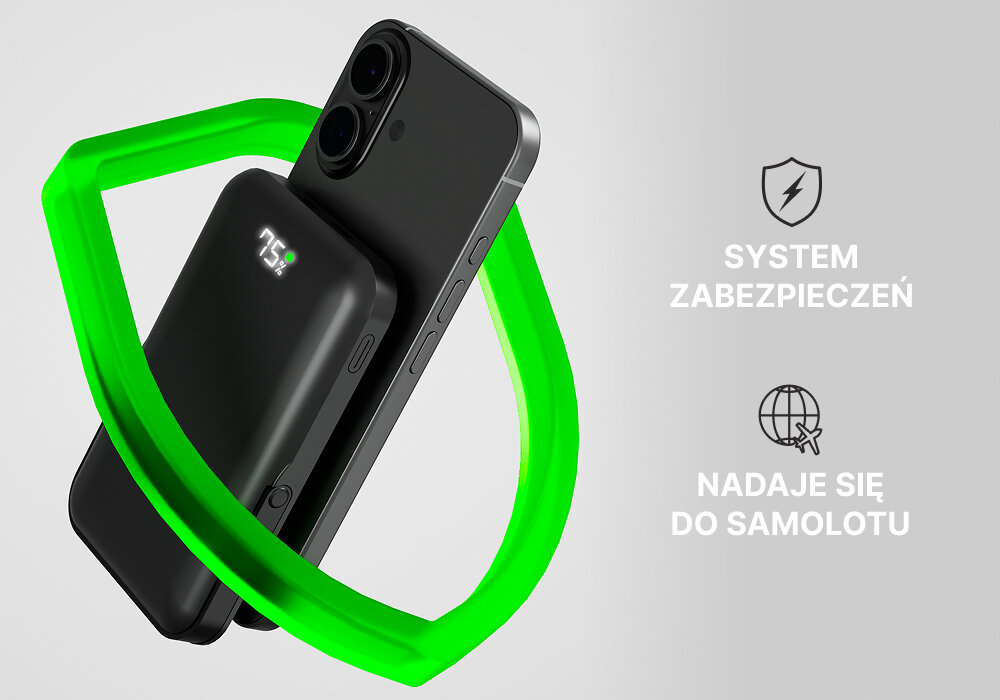 Powerbank QUALO QMPB5-LD-00 MagSafe 10000 mAh Czarny, Bezpieczne ładowanie, Na zdjęciu animacja powerbanka i telefonu wokół których jest wizualizacja tarczy, obok opis zabezpieczeń