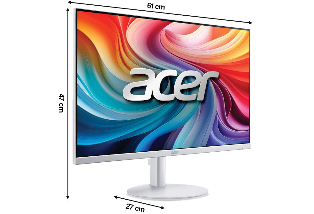 Monitor ACER SA273G0WI 27 cali 1920x1080px IPS 120Hz 1ms [VRB] prezentacja monitora na białym tle od przodu pod kątem z wymiarami elegancki design stabilność podstawa stabilność