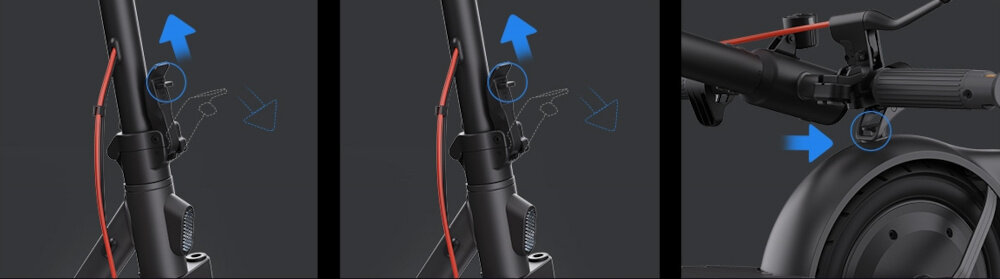 Hulajnoga elektryczna XIAOMI Scooter Elite 45km 400W 10 cali Czarny pokazany system skłdania hulajnogi składana konstrukcja łatwy transport prosty system składania zwolnienie mechanizmu pociągnięcie zatrzasku popchnięcie kierownicy do przodu