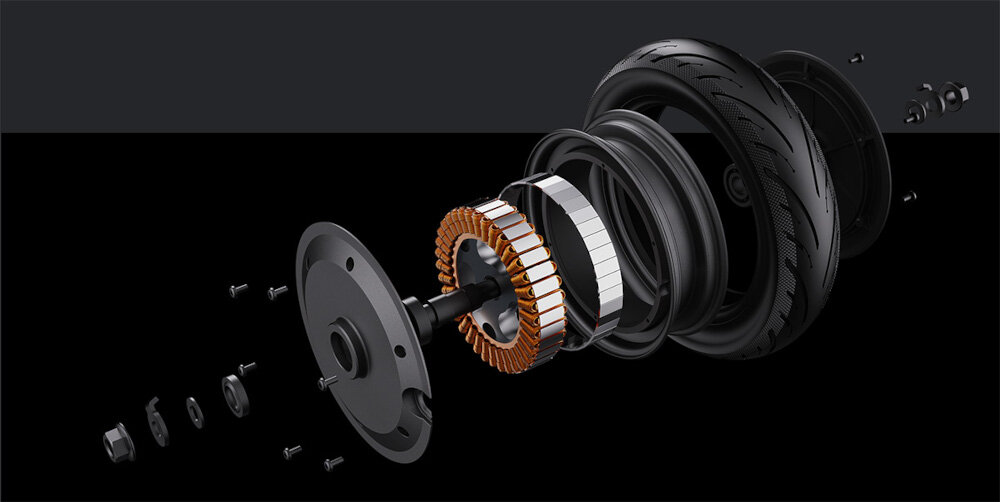 Hulajnoga elektryczna XIAOMI Scooter Elite 45km 400W 10 cali Czarny widok na rozłożony silnik silnik o mocy 400 W czujniki Halla dynamiczne przyspieszenie cicha praca płynna kontrola prędkości wzniesienia o nachyleniu do 20%