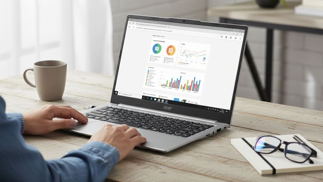 Laptop Acer Aspire z procesorem Intel Core prezentuje wizualizację układu Intel Core na klawiaturze podczas pracy biurowej i wielozadaniowości  