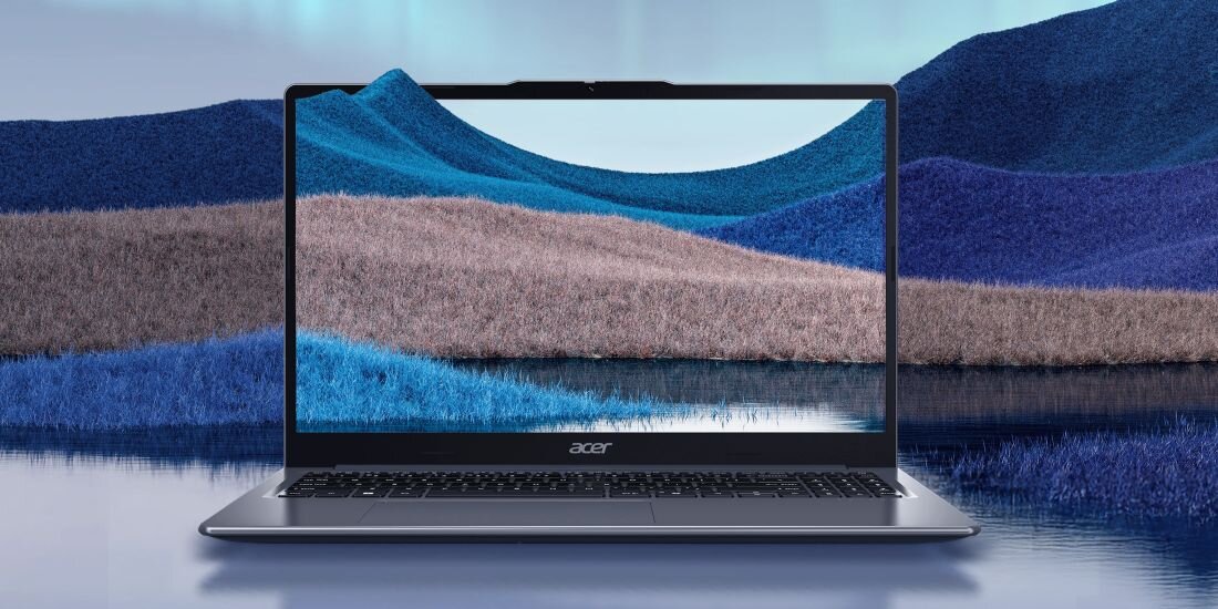 Laptop Acer Aspire z funkcjami bezpieczeństwa prezentuje ikonę ochrony danych na ekranie podczas pracy biurowej i nauki online  