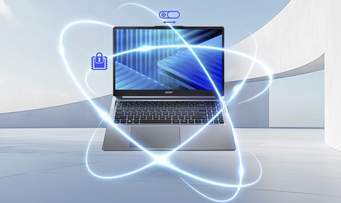 Osoba uczestniczy w wideokonferencji na laptopie Acer Extensa 15 podczas pracy zdalnej przy domowym biurku 