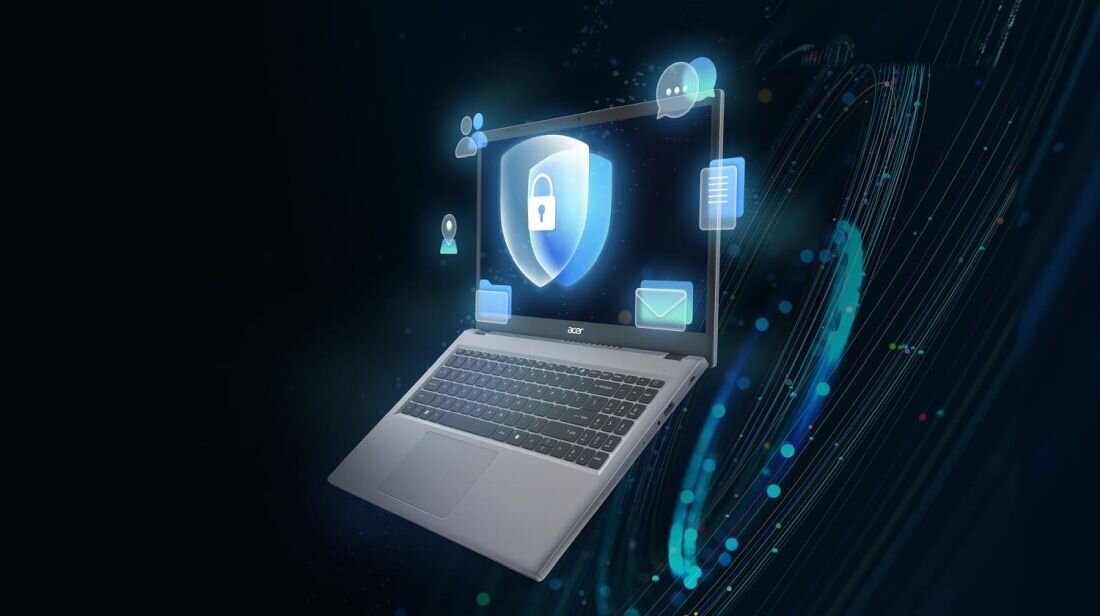 Obraz przedstawia laptop z logo Acer na klapie, z ekranem wyświetlającym ikonę tarczy z kłódką. Wokół ekranu unoszą się ikony symbolizujące użytkowników, dokumenty i wiadomości e-mail.