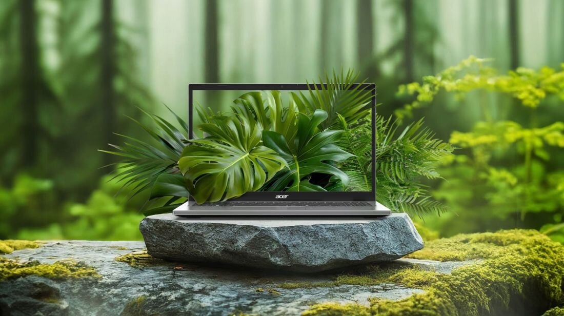 Laptop z logo Acer stoi na kamieniu w lesie, a na ekranie widoczne są zielone liście, które zlewają się z tłem otoczenia.