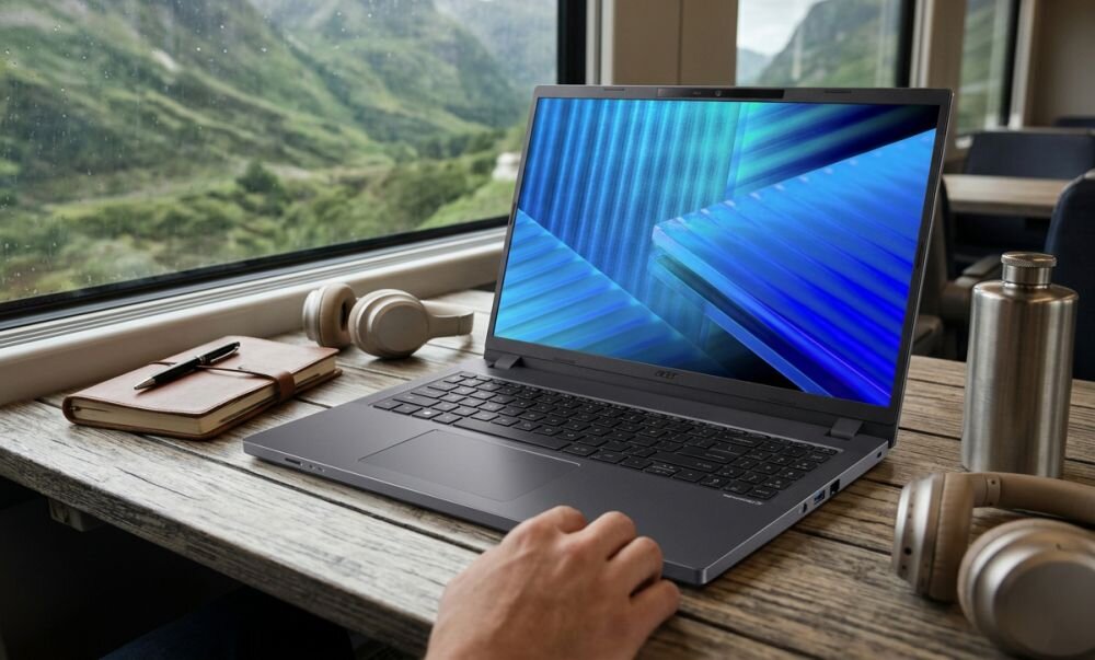Osoba korzysta z laptopa ACER TravelMate przy stoliku w pociągu podczas mobilnej pracy służbowej w podróży.