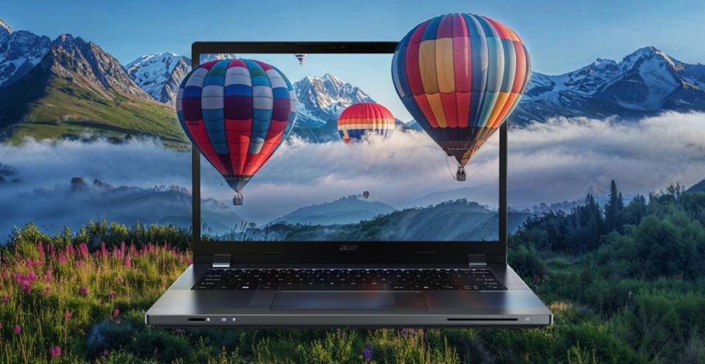 Laptop ACER Aspire z ekranem Full HD wyświetla kolorowe balony nad górskim krajobrazem podczas oglądania multimediów i pracy kreatywnej.