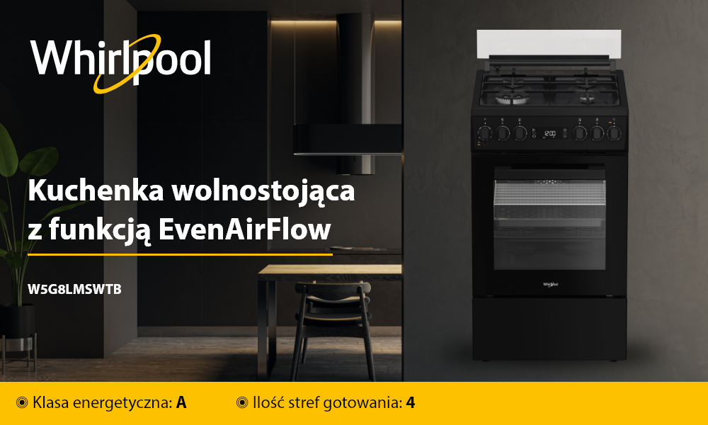 KUCHNIA WHIRLPOOL W5G8LMSWTB Po lewej stronie widać ciemną kuchnię z drewnianym stołem, po prawej czarną kuchenkę wolnostojącą Whirlpool z białym panelem z tyłu. Na żółtym pasku u dołu podano m.in. klasę energetyczną A i liczbę 4 stref gotowania, a po lewej widnieje napis „Kuchenka wolnostojąca z funkcją EvenAirFlow” oraz symbol modelu W5G8LMSWTB
