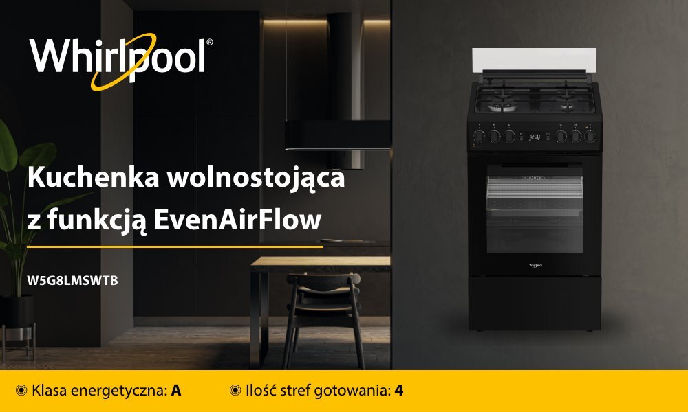KUCHNIA WHIRLPOOL W5G8LMSWTB Po lewej stronie widać ciemną kuchnię z drewnianym stołem, po prawej czarną kuchenkę wolnostojącą Whirlpool z białym panelem z tyłu. Na żółtym pasku u dołu podano m.in. klasę energetyczną A i liczbę 4 stref gotowania, a po lewej widnieje napis „Kuchenka wolnostojąca z funkcją EvenAirFlow” oraz symbol modelu W5G8LMSWTB