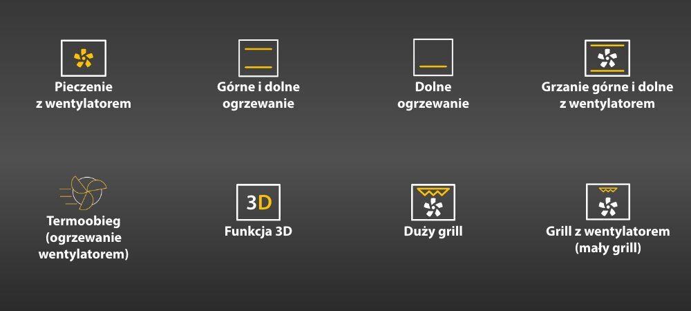 KUCHNIA WHIRLPOOL W5G8LMSWTB Grafika prezentuje osiem białych i żółtych piktogramów funkcji piekarnika na ciemnym tle, m.in. pieczenie z wentylatorem, górne i dolne ogrzewanie, dolne ogrzewanie, grzanie górne i dolne z wentylatorem. Dodatkowo pokazano termoobieg, funkcję 3D, duży grill oraz grill z wentylatorem (mały grill) pieczenie wentylator delikatnie rozmrażanie chłodzenie górne dolne ogrzewanie równomierne ciasta formy dopiekanie spód odświeżanie dania jedna blacha termoobieg kilka poziomów gotowanie para funkcja 3D duży grill złocista skórka małe porcje