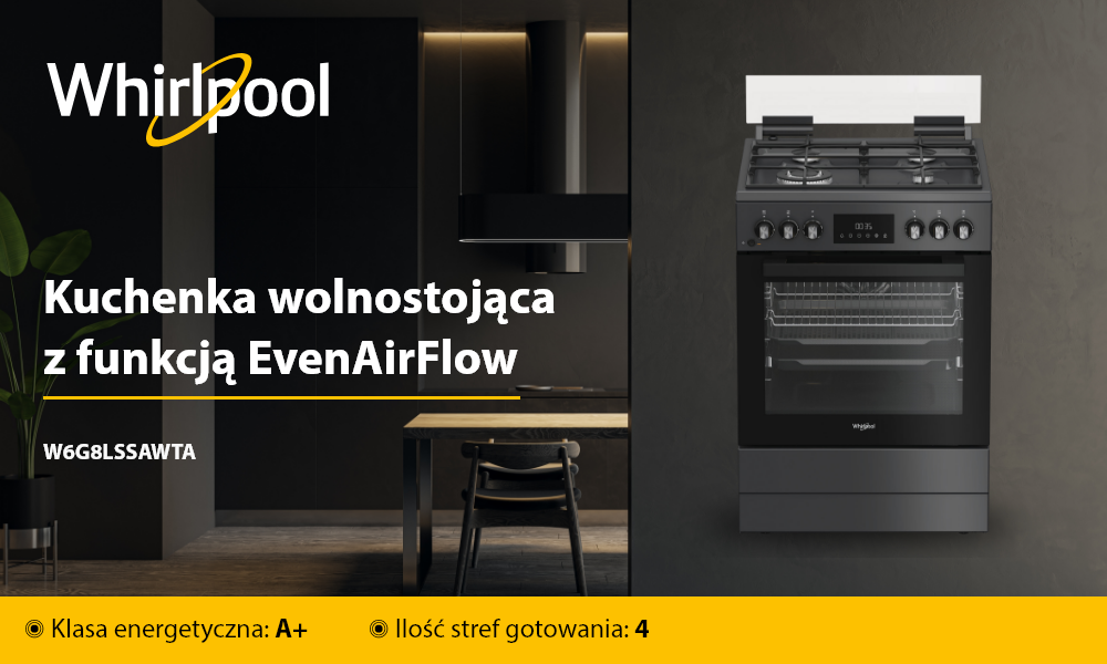 KUCHNIA WHIRLPOOL W6G8LSSAWTA Po lewej stronie widać ciemną kuchnię z drewnianym stołem, po prawej czarną kuchenkę wolnostojącą Whirlpool z białym panelem z tyłu. Na żółtym pasku u dołu podano m.in. klasę energetyczną A i liczbę 4 stref gotowania, a po lewej widnieje napis „Kuchenka wolnostojąca z funkcją EvenAirFlow” oraz symbol modelu W6G8LSSAWTA