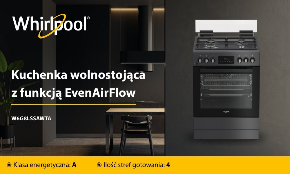 KUCHNIA WHIRLPOOL W6G8LSSAWTA Po lewej stronie widać ciemną kuchnię z drewnianym stołem, po prawej czarną kuchenkę wolnostojącą Whirlpool z białym panelem z tyłu. Na żółtym pasku u dołu podano m.in. klasę energetyczną A i liczbę 4 stref gotowania, a po lewej widnieje napis „Kuchenka wolnostojąca z funkcją EvenAirFlow” oraz symbol modelu W6G8LSSAWTA
