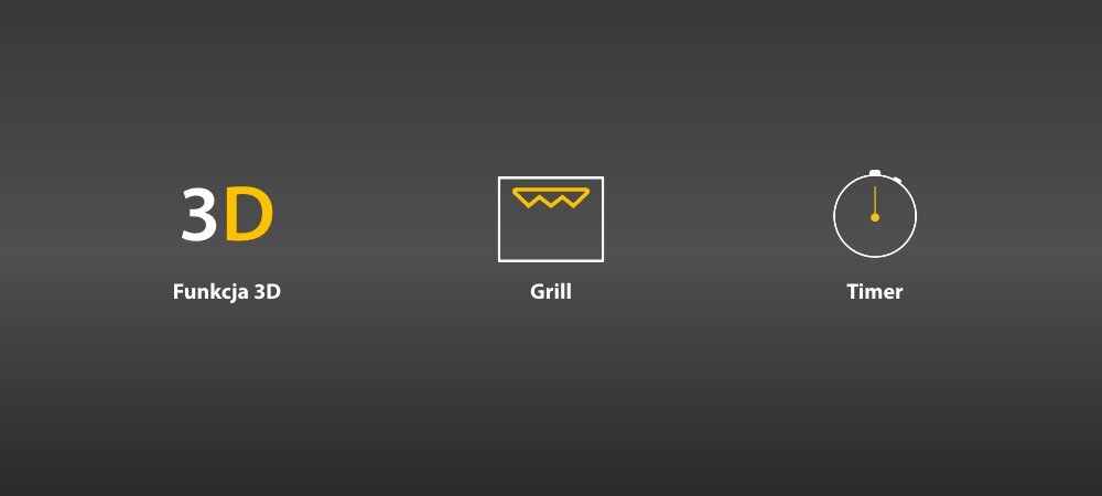 KUCHNIA WHIRLPOOL W6G8LSSAWTA Na ciemnoszarym tle umieszczono duży napis „3D”, w którym litera D jest żółta, obok prostą ikonę grilla oraz okrągłą ikonę minutnika. Pod każdą grafiką znajduje się podpis: „Funkcja 3D”, „Grill” i „Timer” funkcja 3D równomierne ciepło szybkie przygotowanie smaczne potrawy grill błyskawiczna skórka chrupiąca mięso ryby warzywa soczyste filety szaszłyki kiełbaski timer kontrola czas automatyczne wyłączenie bezpieczeństwo gotowanie