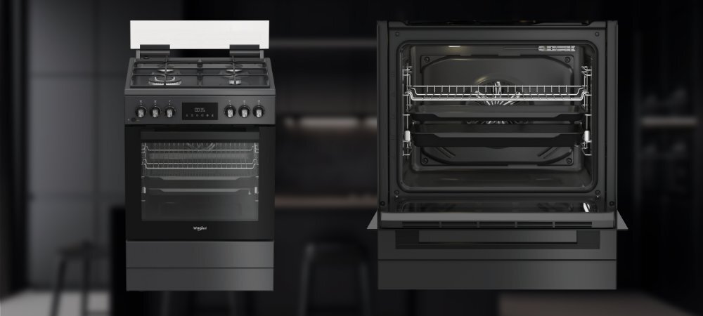 KUCHNIA WHIRLPOOL W6G8LSSAWTA Po lewej stronie pokazano całą czarną kuchenkę Whirlpool na rozmytym, ciemnym tle kuchni, po prawej zaś otwarty piekarnik z widocznym wnętrzem, prowadnicami i oświetleniem. Obie perspektywy ustawione są obok siebie, aby zaprezentować wygląd z zewnątrz i przestrzeń użytkową urządzenia pokrętła precyzyjne ustawienie płomień czarny design elegancki kuchnia wyświetlacz kontrola czas temperatura żeliwne ruszty stabilne trwałe szklana pokrywa łatwe czyszczenie prowadnice teleskopowe bezpieczne wygodne wysuwanie blach komora 60l więcej miejsca dania