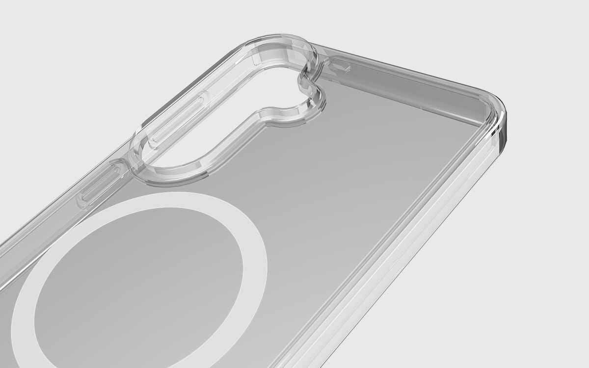 Absorbujący wstrząsy materiał D3O utwardza się podczas uderzenia i chroni telefon.