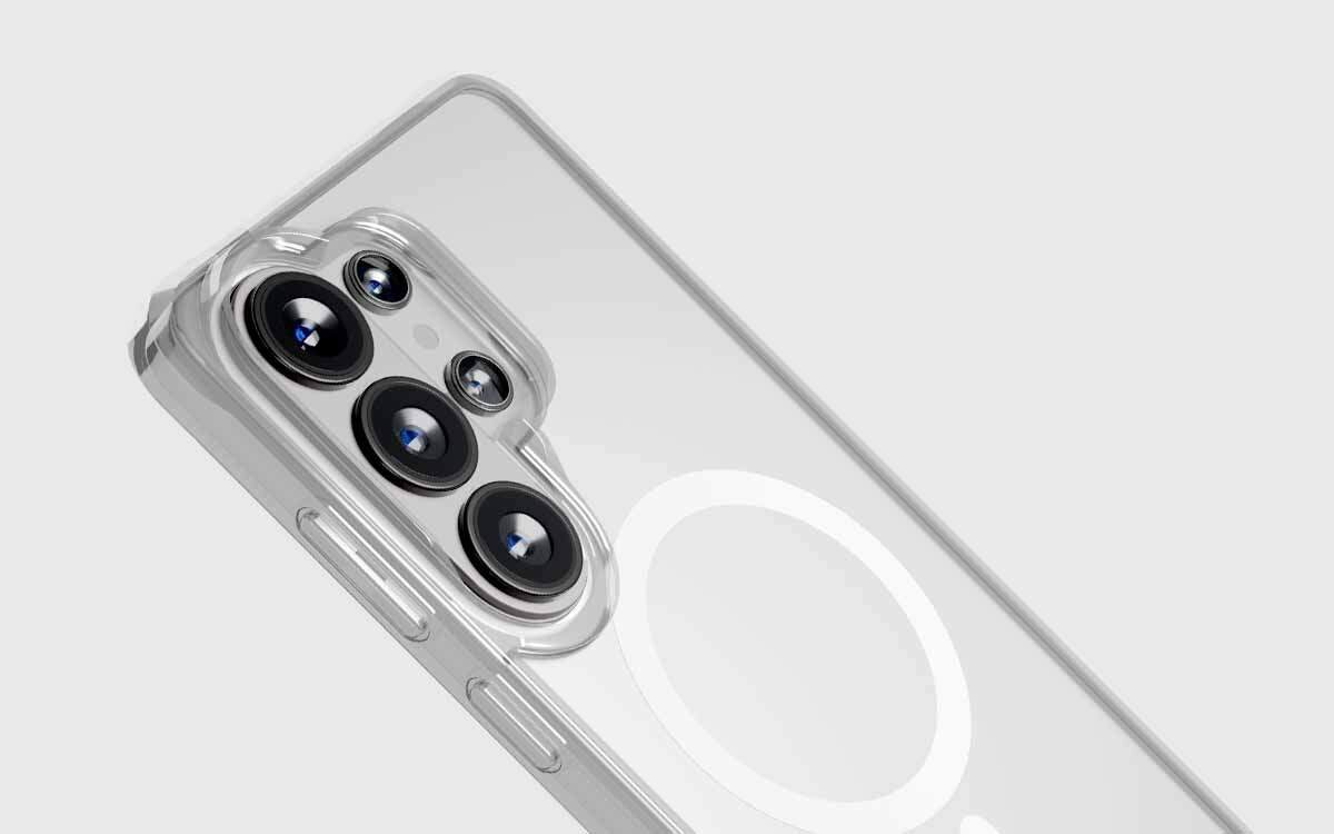 Etui PURO Lite Mag do Samsung Galaxy S26 Ultra smukła konstrukcja precyzyjne wycięcia dostęp do portów i aparatu, smartfon z założonym etui ochornnym po skosie na szarym tle