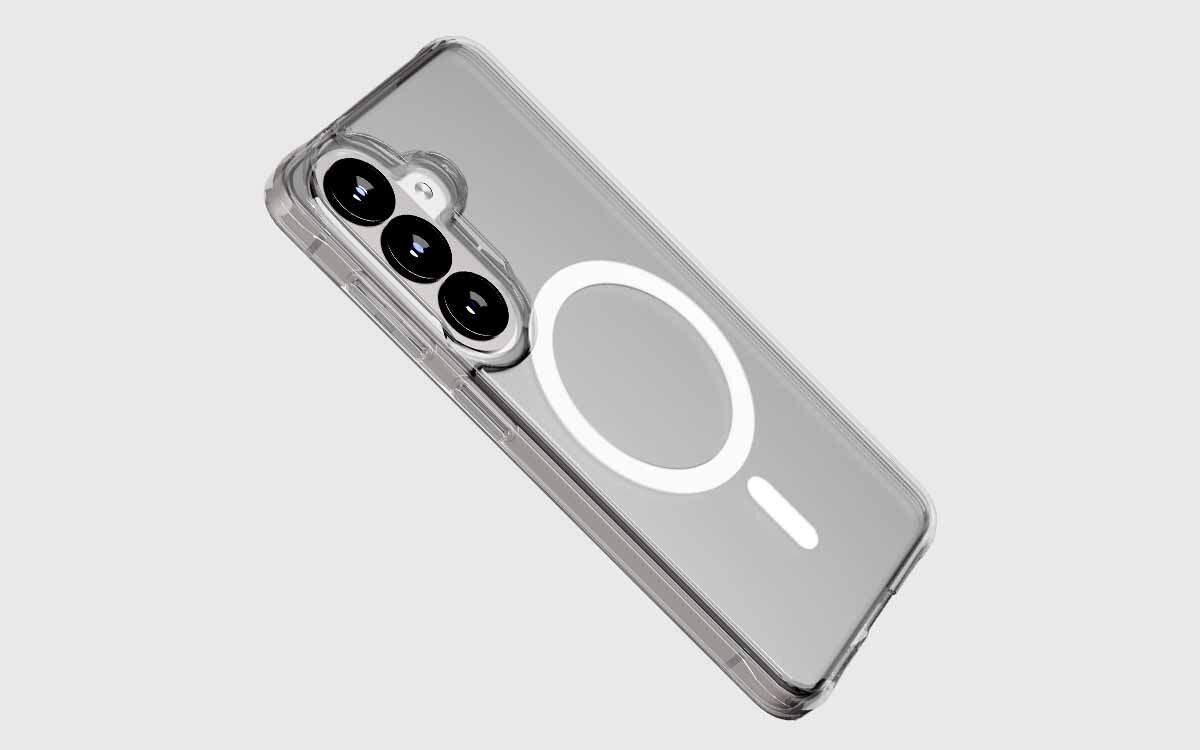 Etui PURO Lite Mag do Samsung Galaxy S26 odporność na uderzenia test upadku ponad 3 metry ochrona smartfona, smartfon z założonym etui na szarym tle