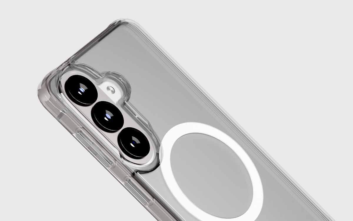 Etui PURO Lite Mag do Samsung Galaxy S26 smukła konstrukcja precyzyjne wycięcia dostęp do portów i aparatu, smartfon z założonym etui na szarym tle