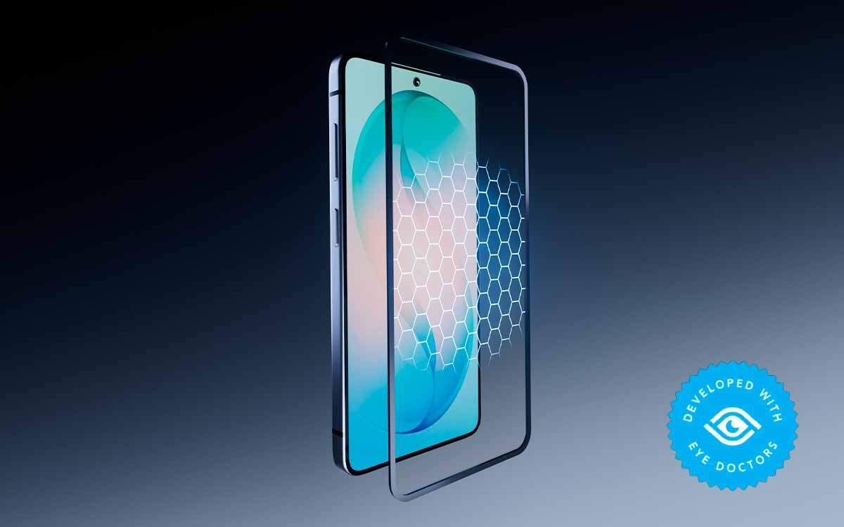 Szkło hartowane SBS Eyesafe do Samsung Galaxy S26, żywe kolory, wysoka przejrzystość ekranu, smartfon ze szkłem hartowanym na ciemnoniebieskim tle