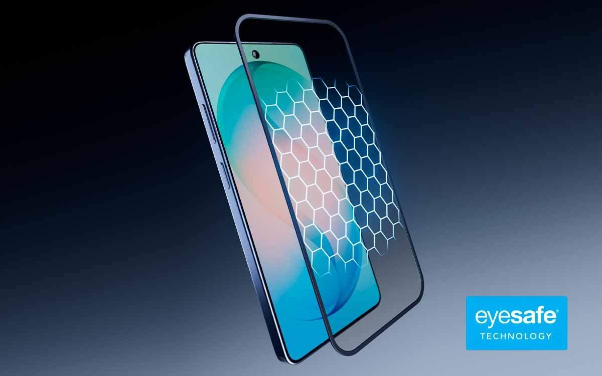 Szkło hartowane SBS Eyesafe do Samsung Galaxy S26 Ultra, filtracja niebieskiego światła, komfort oczu, smartfon ze szkłem hartowanym na ciemnoniebieskim tle