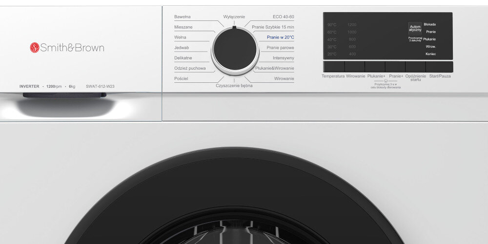 Pralka SMITH&BROWN SWAT-612-W23 BOGATY WYBÓR PROGRAMÓW programy funkcje bawełna mieszane programy szybkie odzież puchowa pościele krótszy czas