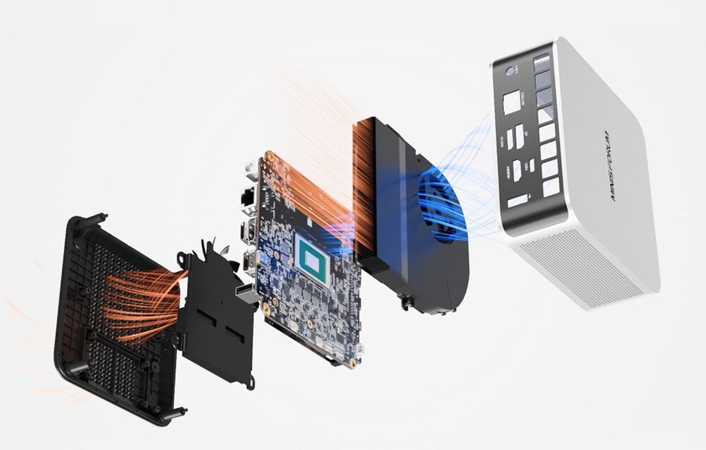 Komputer MINISFORUM M1 PRO-125H Rozłożone elementy komputera z płytą główną, chłodzeniem i obudową oraz wizualizacją przepływu powietrza