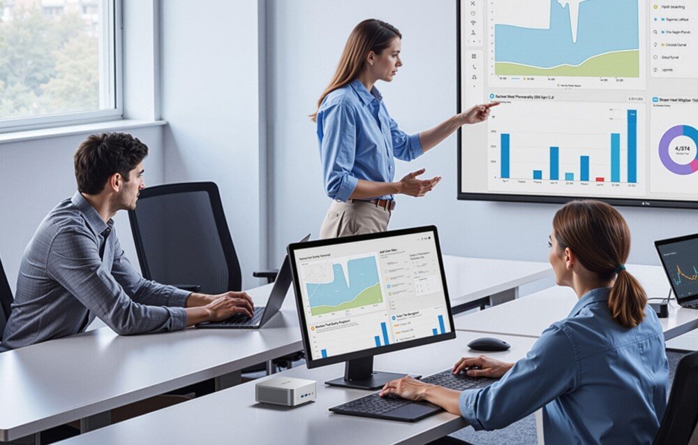 Komputer MINISFORUM M1 PRO-285H Kobieta prezentuje wykresy na ekranie, a dwie osoby pracują przy komputerach w sali konferencyjnej