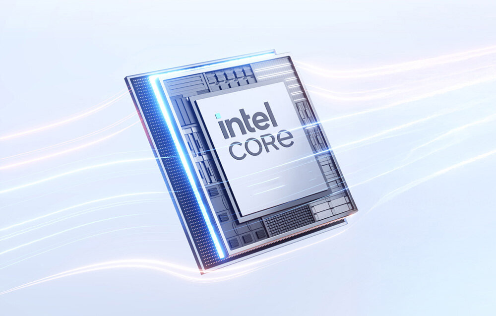 Komputer MINISFORUM M1 PRO-285H Procesor Intel Core przedstawiony na jasnym tle z efektem smug światła