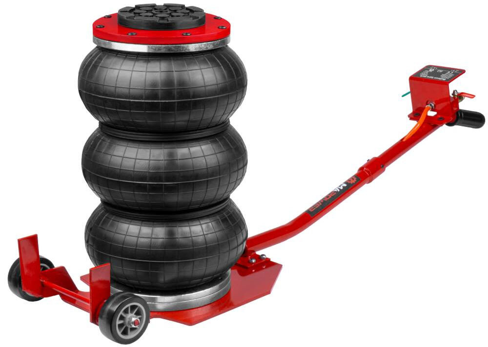 Podnośnik pneumatyczny MAPOWER MPBJ01 3500 kg, warsztat, podnoszenie, siła, Podnośnik stoi pionowo w pełnym napompowaniu wraz z rękojeścią, stoi frontem prawo skos na białym tle