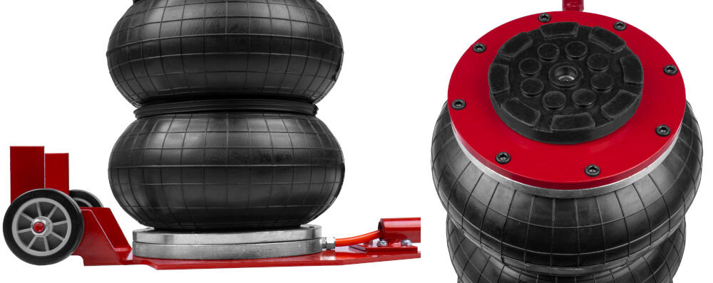 Podnośnik pneumatyczny MAPOWER MPBJ01 3500 kg, kauczuk, odporność, stabilność, głowica, podnośnik, zarysowanie, zsuwanie, Pokazanie podnośnika od góry oraz od boku w pełnym napompowaniu, wszystko na białym tle