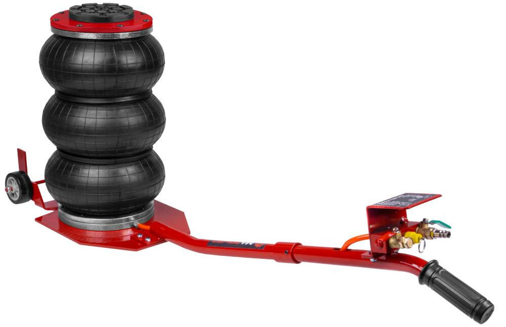 Podnośnik pneumatyczny MAPOWER MPBJ01 3500 kg, miech, ciśnienie, zawory, obsługa, Podnośnik pokazany w pełnym napompowaniu wraz z rękojeścią na białym tle