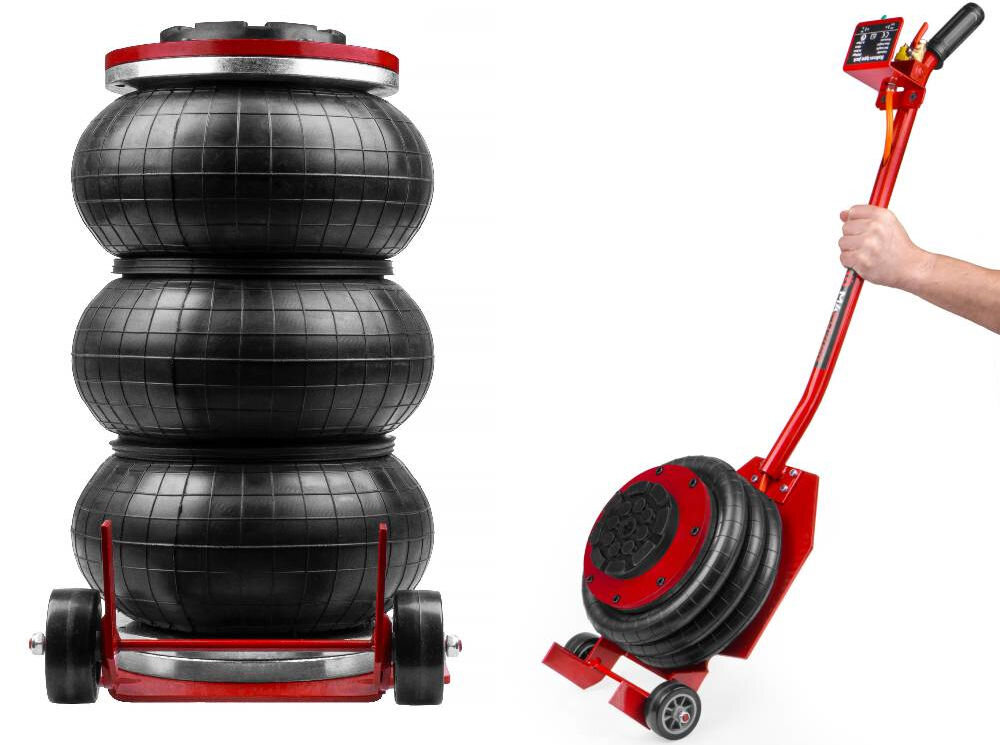 Podnośnik pneumatyczny MAPOWER MPBJ01 3500 kg, wymiary, antypoślizgowe, koła, rączka, składanie, ergonomia, Pokazanie napompowanego podnośnika od frontu na wprost oraz złożonego podnośnika z rękojeścią, który jest trzymany przez rękę pionowo, wszystko na białym tle