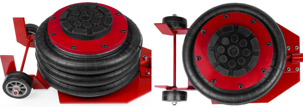 Podnośnik pneumatyczny MAPOWER MPBJ01 3500 kg, króciec, kompresor, konstrukcja, przyłącze, komplet, Zbliżenie na głowicę z 2 stron, od góry i od boku, wszystko na białym tle