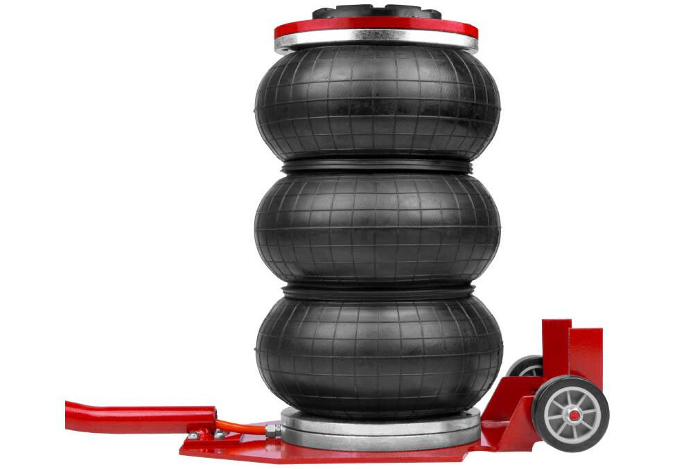 Podnośnik pneumatyczny MAPOWER MPBJ01 3500 kg, konstrukcja, serwis, uniesienie, stabilność, elementy, Podnośnik w pełnym napompowaniu stoi bokiem na białym tle