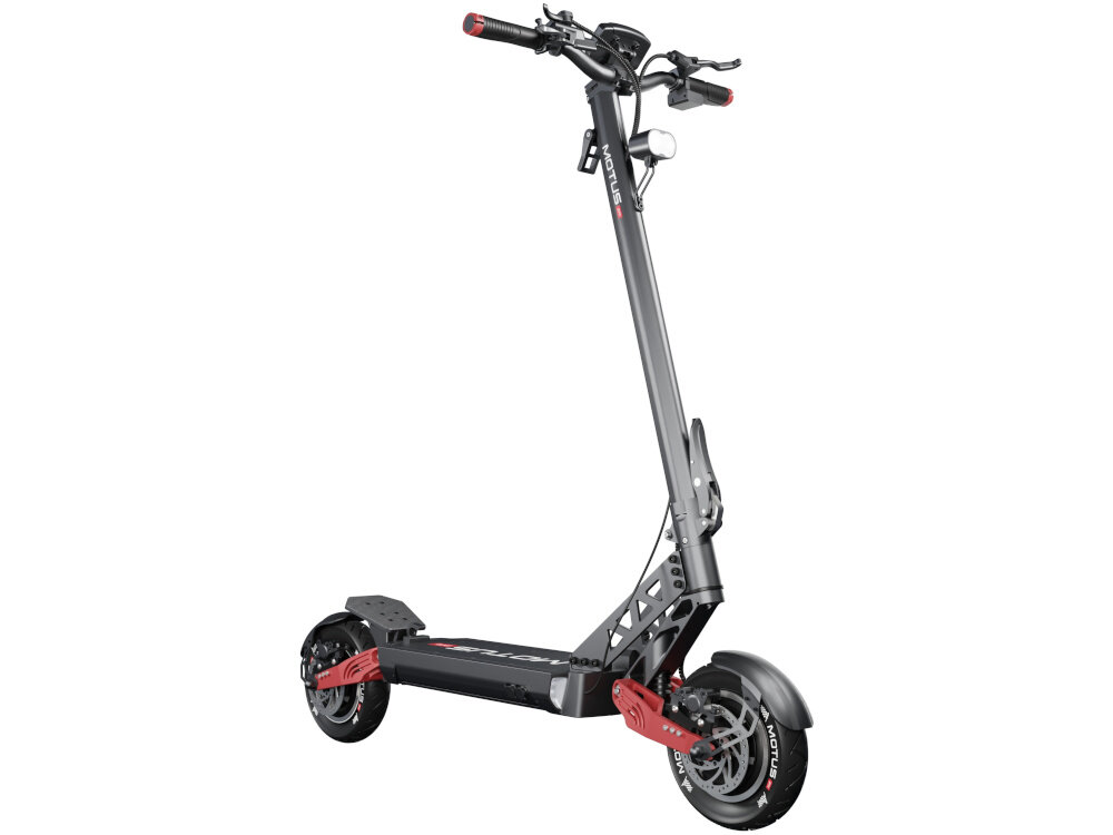 Hulajnoga elektryczna MOTUS Pro 10 Daytona 65km 2x1000W Amortyzacja 10 cali Czarny hulajnoga na białym tle widoczna od przodu pod skosem 10-calowe koła bezdętkowe o niskim oporze toczenia duża przyczepność do podłoża wzorowano na oponach wyścigowych bardzo dobrze absorbują wstrząsy i nierówności terenu duża elastyczność pełna kontrola