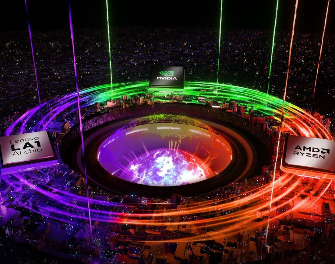 Wizualizacja współpracy Lenovo LA1 AI chip NVIDIA i AMD Ryzen jako futurystyczne miasto – LENOVO AI Engine+ układ LA1 AI