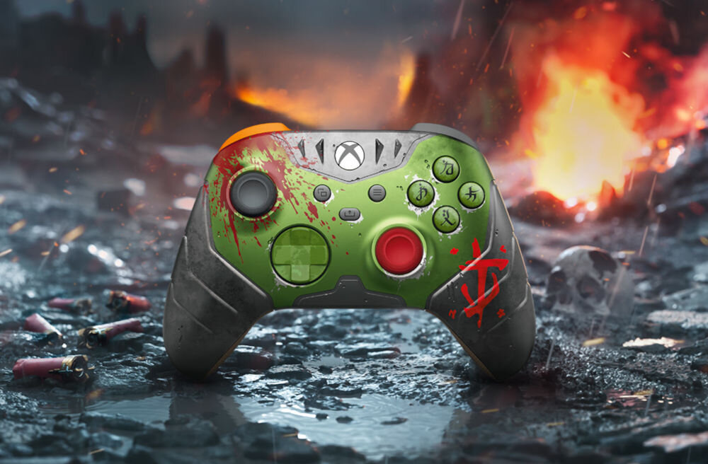 Kontroler MICROSOFT bezprzewodowy Xbox Ms Doom: The Dark Ages Edycja Limitowana kontroler pad na tle gry edycja limitowana inspirowany pancerzem konsole komputery granie w chmurze