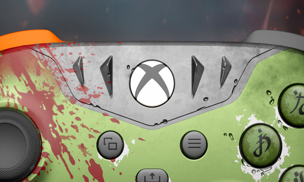 Kontroler MICROSOFT bezprzewodowy Xbox Ms Doom: The Dark Ages Edycja Limitowana przybliżenie na pada matowozielony trójwymiarowe srebne kolce przypominające hełm platerowana powłoka gumowe uchwyty imitujące skórę