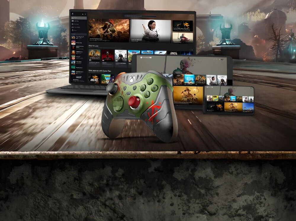 Kontroler MICROSOFT bezprzewodowy Xbox Ms Doom: The Dark Ages Edycja Limitowana parowanie pada kontrolera z konsolą komputerem prezentacja kontrolera na tle laptop telefon tablet