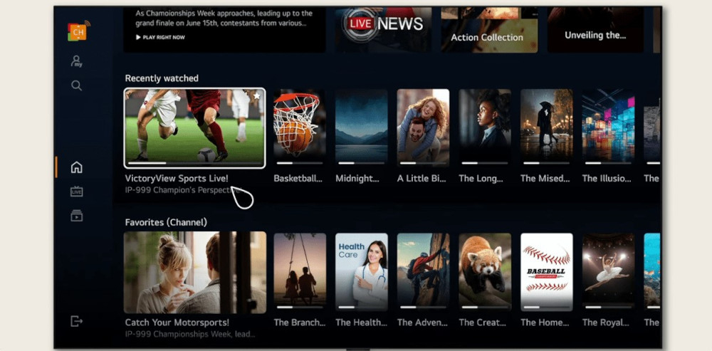 Telewizor LG 85QNED93A6A LG Channels darmowe kanały na życzenie, telewizor od frontu z włączoną usługą LG Channel