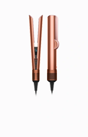 Aeroprostownica Dyson Airstrait w kolorze Bursztynowy jedwab. Widok z boku i z przodu.