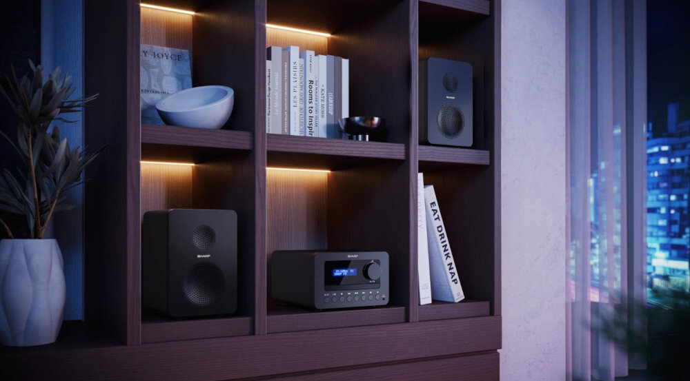 Wieża SHARP XL-B514 GY drewniane kolumny ciepłe brzmienie stereo, wieża stojąca na szafce w pomieszczeniu