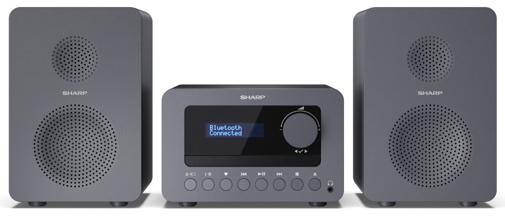 Wieża SHARP XL-B514 GY USB MP3 odtwarzanie plików z pamięci, wieża od frontu na białym tle