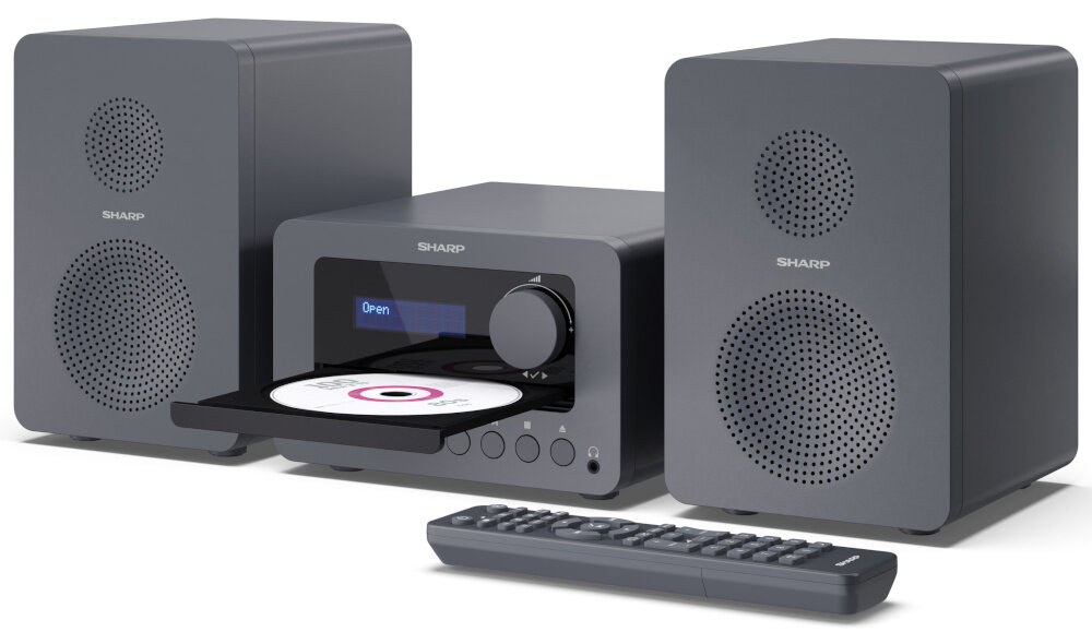 Wieża SHARP XL-B514 GY radio FM RDS automatyczne strojenie, wieża z pilotem po skosie na białym tle