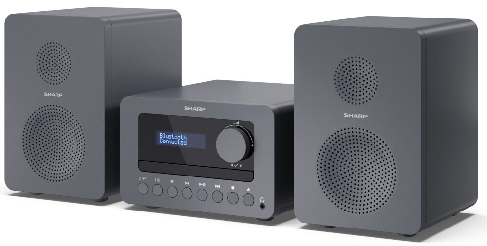 Wieża SHARP XL-B514 GY korektor EQ regulacja basów i tonów, wieża po skosie na białym tle