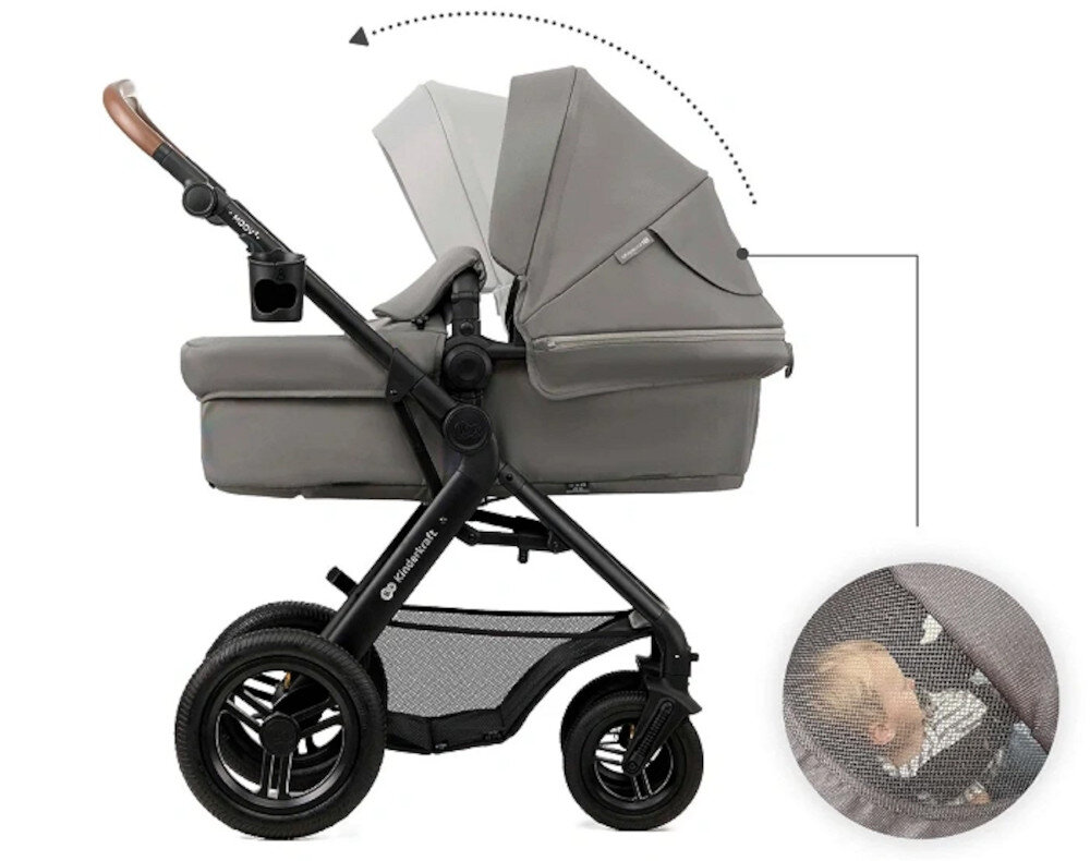 Wózek wielofunkcyjny KINDERKRAFT Moov 2 Air 3w1 Jasnoszary Ochrona w każdych warunkach Powiększana budka z filtrem UPF 50+ ochrona akcesoria folia przeciwdeszczowa czy moskitiera