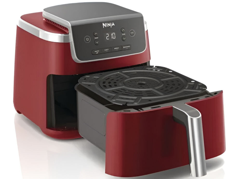 Frytkownica beztłuszczowa NINJA Foodi AF140EUCMCM Air Fryer Czerwony frytkownica czerwona obudowa otwarta szuflada kratka wyświetlacz przyciski białe tło automatyczne zatrzymuje gotowanie proste czyszczenie wyjmowana szuflada kratka z nieprzywierającą powłoką książka z przepisami źródło kulinarnych inspiracji 